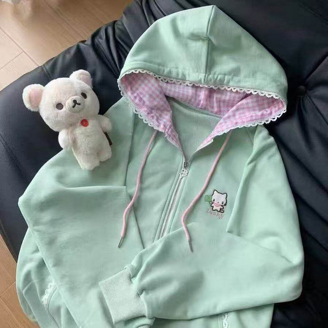 지뢰계옷 후드집업 민트 고양이 자수 후드티 긴팔 서브컬쳐