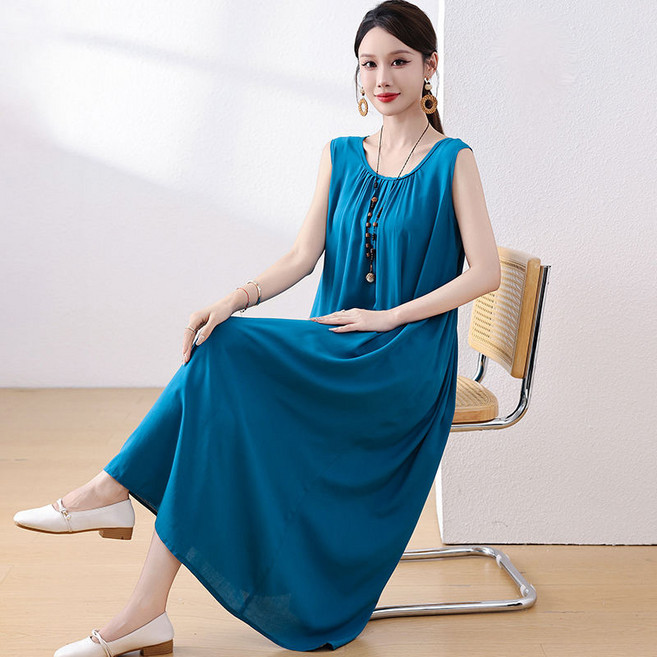 중년 여성 민소매 원피스 봄 여름 엄마 캐주얼 인견 나시 원피스 빅사이즈 냉감 롱 치마 WMY