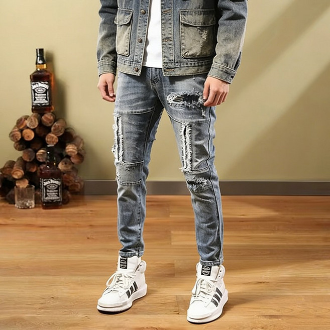 인어미남 남자 청바지 봄 여름 가을용 스판 슬림핏 디스트로이드 스키니 남자바지