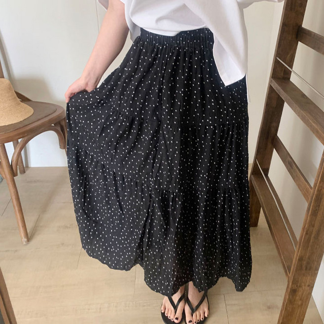 애플망고옷장 여성 도트 프릴 밴딩 롱스커트 제이원