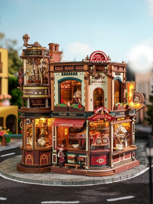 ROKR 커피공장 DIY 오르골 3D 우드퍼즐 성인용 조립 키트, 커피 공장, 1개