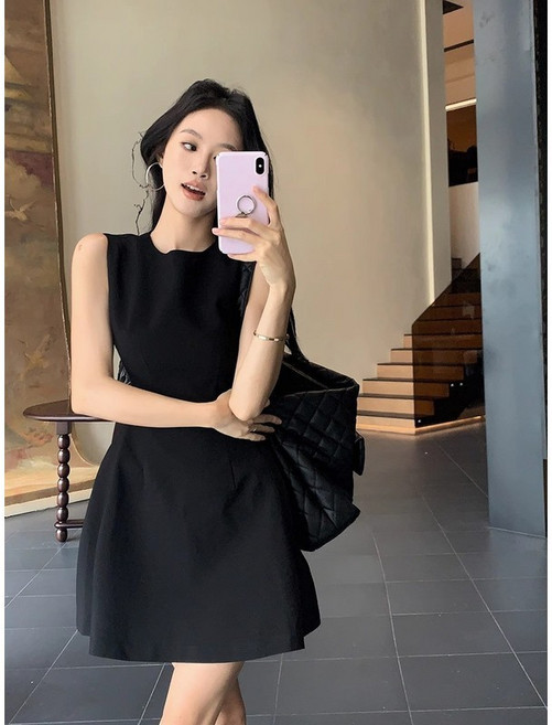 小個子甜美收腰顯瘦設計感純色無袖氣質連衣裙, 黑色