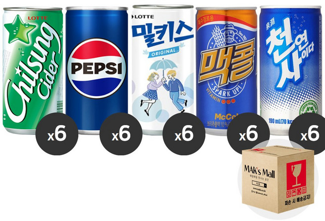 한모금 탄산 펩시콜라 칠성사이다 밀키스 맥콜 천연사이다 미니 캔음료 음료수, 30개, 190ml
