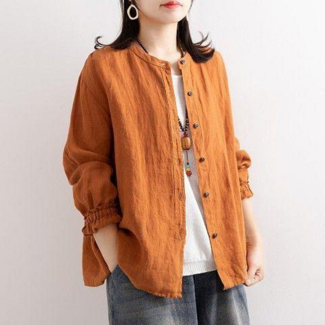 棉麻襯衫 圓領收口袖上衣