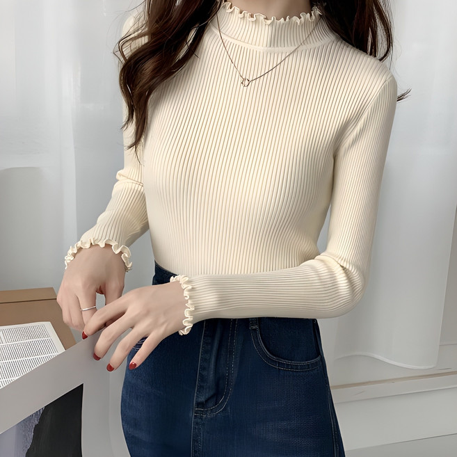 I'M MONG 女款荷葉邊點綴半高領羅紋T恤