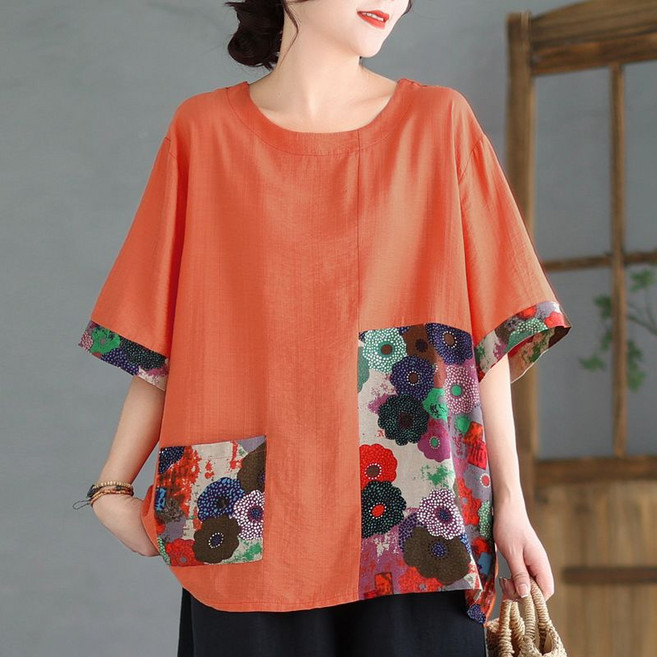 Makone 여성 루즈핏 린넨 반팔 티셔츠 플라워 프린트 캐주얼 바소매 티