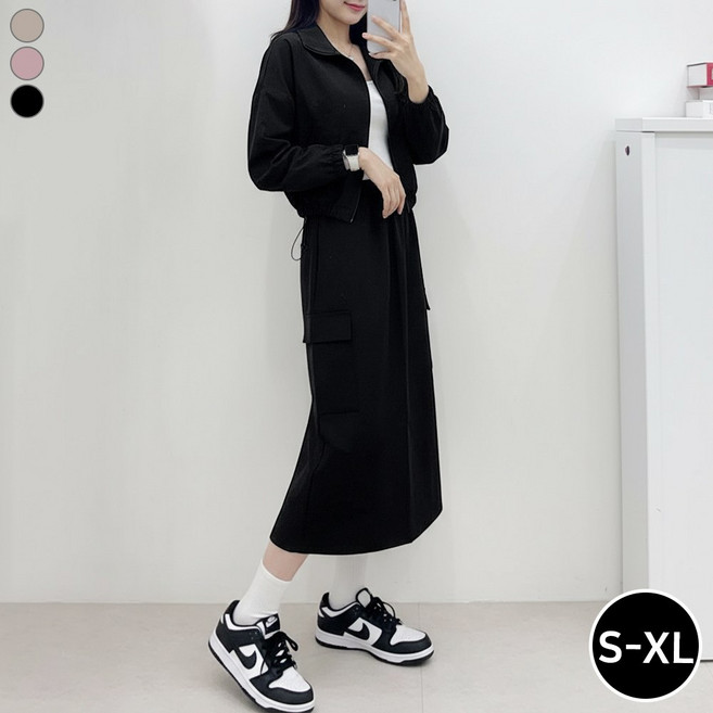 블레스유 여성 심플 아노락 긴팔 상하의 세트 바람막이+롱스커트 빅사이즈