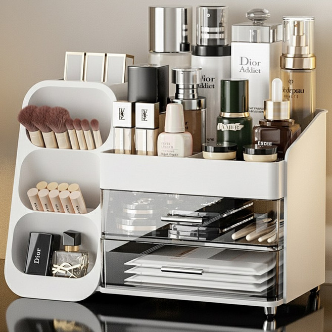 루엔코리아 먼지방지 서랍형 데스크 수납박스 다용도 수납함 화장품 정리함 정리대, 화이트