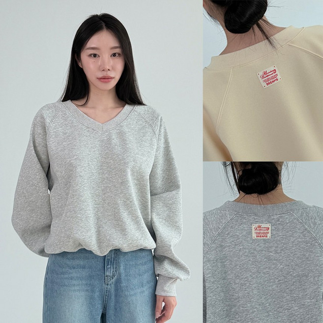 라벨 패치 포인트 브이넥 가오리 루즈핏 맨투맨