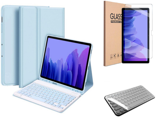 갤럭시탭 호환 블루투스 무선 키보드 케이스 북커버 S펜수납 삼성 플러스 케이스나라, 스카이블루