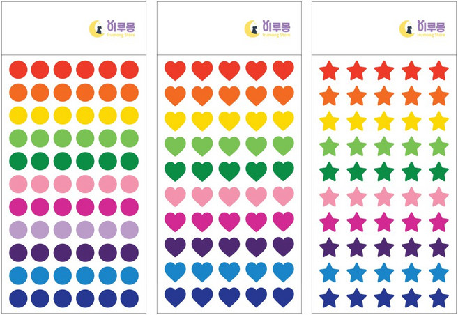 [이루몽] 칼라분류용 스티커 라벨 견출지 원형스티커 별스티커 하트스티커 9봉 54장, 원형+하트+별, 1세트, 11+10+10색