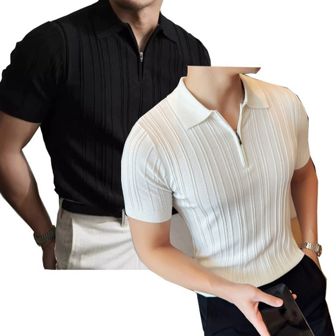 남자 반팔니트 집업스타일 반팔스웨터 골지카라티 스판원단 슬림 머슬핏