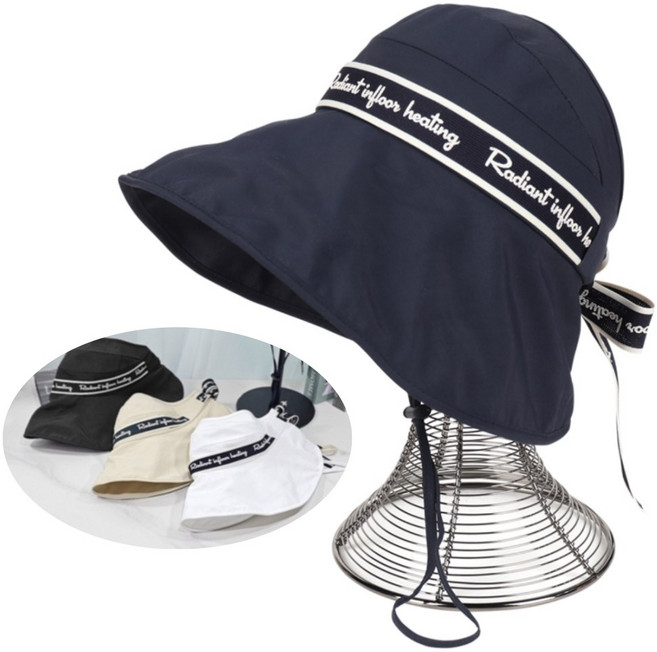 와이드 와이어 챙 여성 블랙 레터 리본 골프모자 캠핑모자 벙거지모자, 1개, 화이트