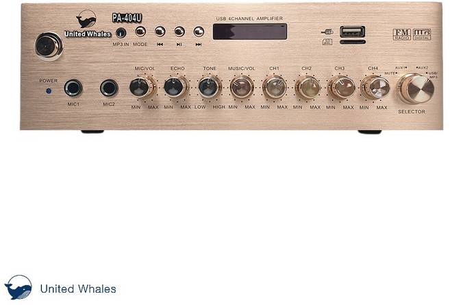 U.W 4채널 블루투스 앰프 PA-404U 카페 매장용 앰프+리모콘+RCA케이블 (골드색상)