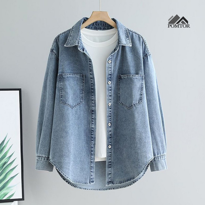POMTOR 여성 캐주얼 청남방 루즈핏 워싱 데일리 데님셔츠
