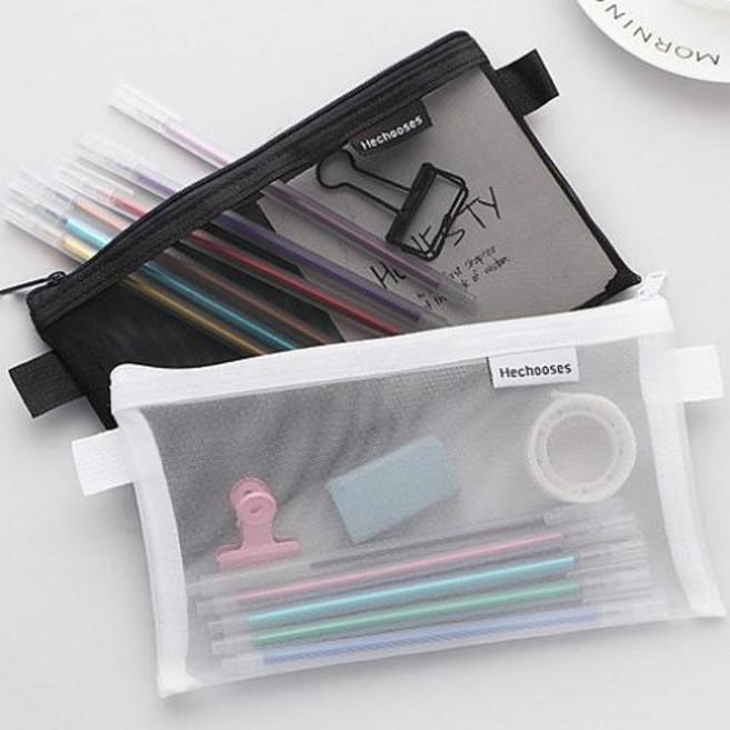 수납력 좋은 메쉬 필통파우치, 화이트