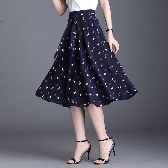 여성용 하이웨이스트 A라인 프린트 플레어 스커트 여름 슬림 쉬폰 스커트 우아한 미디스커트 A6691