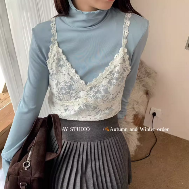 레이어드 가능한 레이스 숏기장 캐미솔 프릴 트림 디자인 여성 이너탑 베이직 데일리 탑