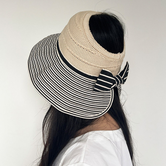 리본 니트 스트라이프 썬캡 넓은 여성 여름 챙모자