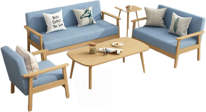 實木沙發，租房/出租屋適用，高承重雙人/三人小戶型沙發, 實木沙發+送抱枕【水洗藍色】棉麻可拆洗,三人位長157寬59