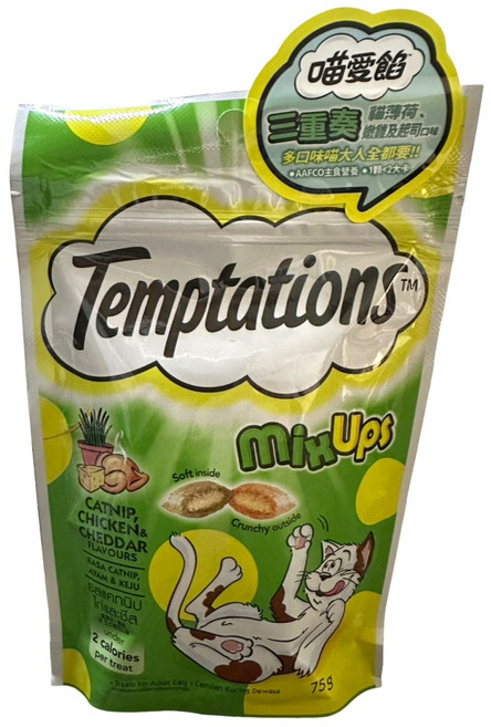 Temptations MixUps 雞肉起司口味貓零食, 75g, 1個, CATNIP, CHICKEN & CHEDDAR FLAVOURS