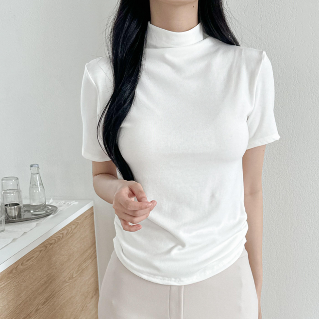 MHJINA 봄 여름 여성 완벽군살커버 소프트 라운드 셔링 하프넥 반목 반팔 티셔츠