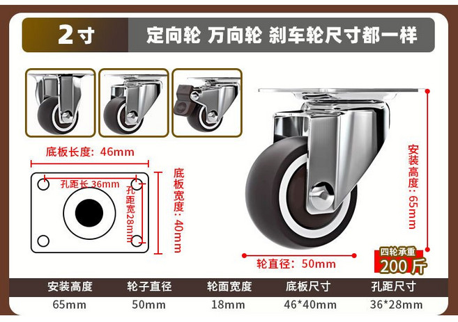 萬向輪：板車/推車橡膠輪 鐵架轉向 承重強耐用, 1個, 2吋,360°可轉向(無煞車)