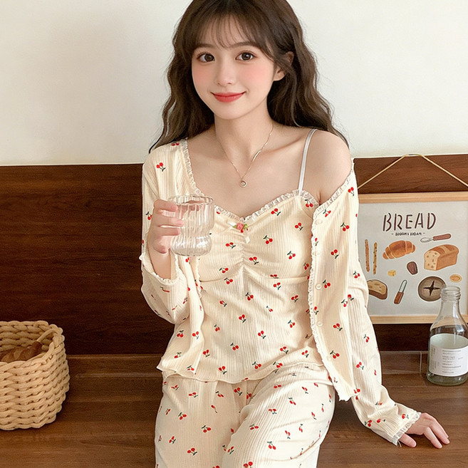 Kemei 쉐어링 수면잠옷 여성용 파자마 가디건 나시 바지 캡내장 세트