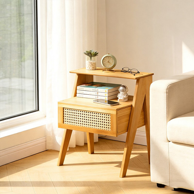 쿠리브 원목색 협탁 다용도 낮은수납장 대나무 서랍장, 원목