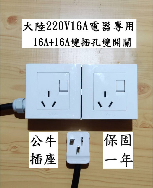 公牛220V雙孔16A 4000W明盒插座延長線，大陸電器專用，安全耐用，安裝簡便，是您連接大陸電器的理想選擇。, 1個, 10米,H型