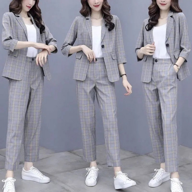 꽃소담 여성 봄여름 체크 정장바지 세트 XP970