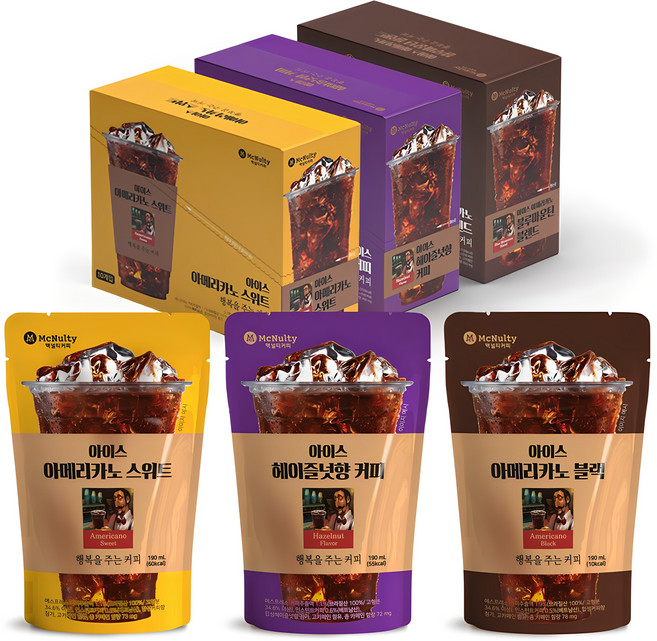 맥널티 파우치 아이스아메리카노블랙+아메리카노스위트+헤이즐넛 3종, 30개, 190ml