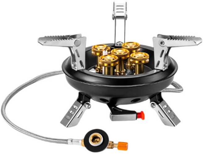 BRS-201A 휴대용 캠핑 가스 스토브 초강력화염 5구 16000W 고압 프로판 부탄 가스 버너 피에조 점화 기능이있는 야외 비상 스토브, 1개, 블랙