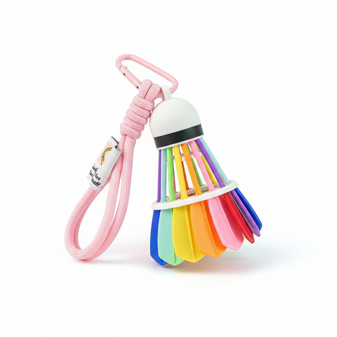 럽멜로 배드민턴 셔틀콕 모양 키링 가방 고리, 레인보우+핑크, 1개
