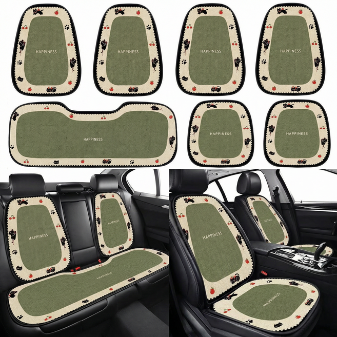 고양이 체리 HAPPINESS 자수 린넨 시트커버 풀세트 7종 사계절 통기성 미끄럼방지, 1세트, 녹색