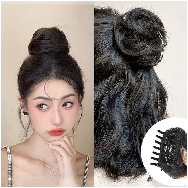 미즈코스 똥머리 볼륨 가발 집게핀 여자 당고머리 올림머리 부분 가발, 1개, 생머리1p+곱슬1p 블랙