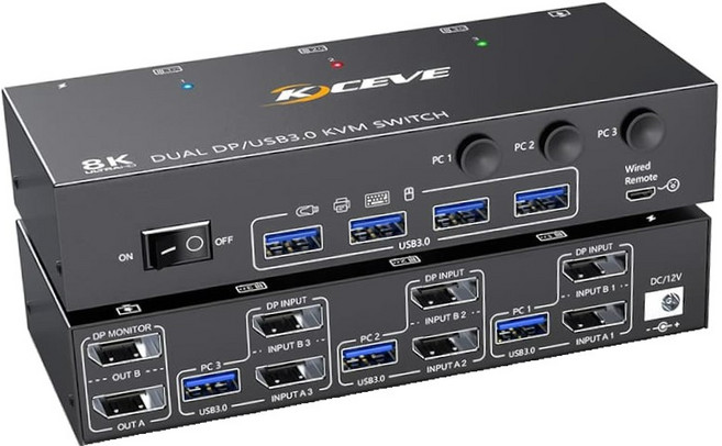 易控王 8K 3 Port DP KVM切換器 雙螢幕輸出 4 Port USB3.0 切換器, 1個, 40-116-05-05