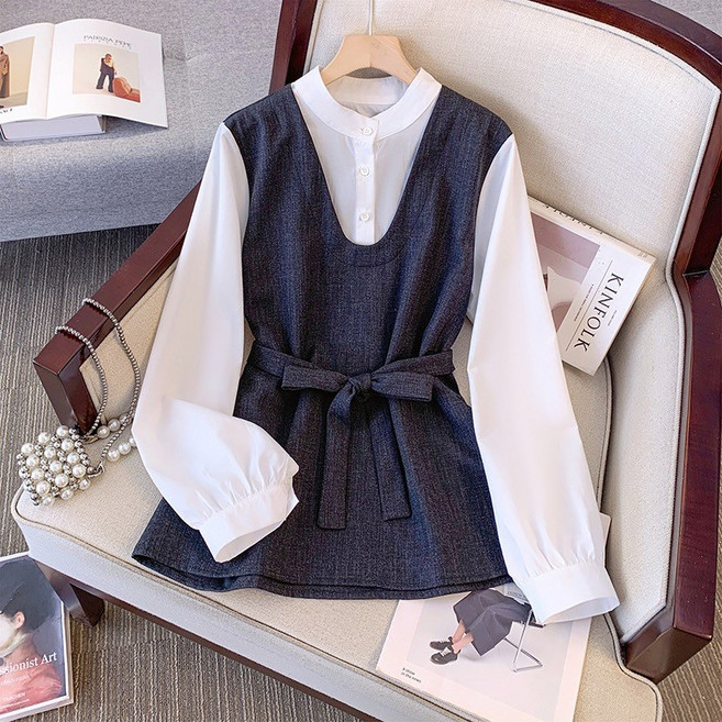 루스리더 여성 레이어드 데님 이중 블라우스 V396