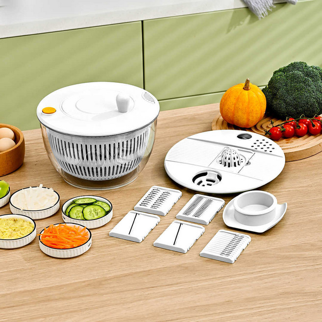 요우브 다기능 야채 탈수기 5L 대용량 야채건조기 과일 샐러드 건조기 다용도 물빠짐 바구니 + 채칼 6종 세트, 화이트, 1개