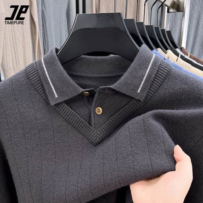 가을 겨울 중년 남성 폴로넥 무다림 셔츠 중년 아빠룩 루즈핏 폴로 이너티 긴팔 티셔츠 중년 브랜드 터틀넥 폴리에스터 보온 니트