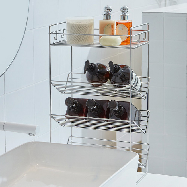 [할인쿠폰]무디타 304 스텐 4단 샴푸랙 욕실 선반 (S L) 무타공 다용도 수납 정리대, 1개