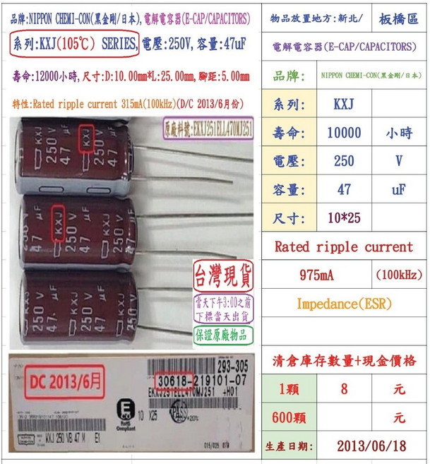 NCC 黑金剛 電解電容器 KXJ 系列 250V 47uF 尺寸 10*25, 1個