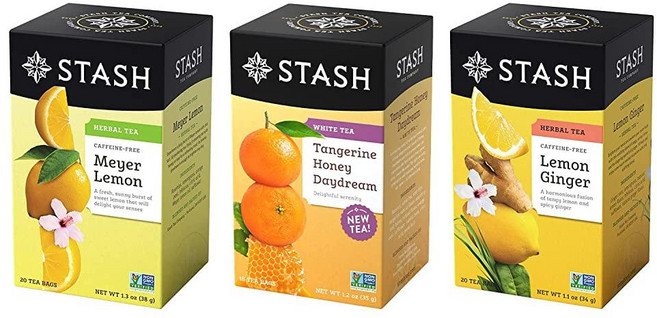 Stash Tea Bright 시트러스 티 샘플러 - 레몬 생강 마이어 레몬 및 허니 탠저린 티 포함 카페인 및 디카페인 차 모음 18-20개 (3팩), Citrus Tea Trio, 18-20 Count (Pack of 3), 45.9g, 1개, 20개