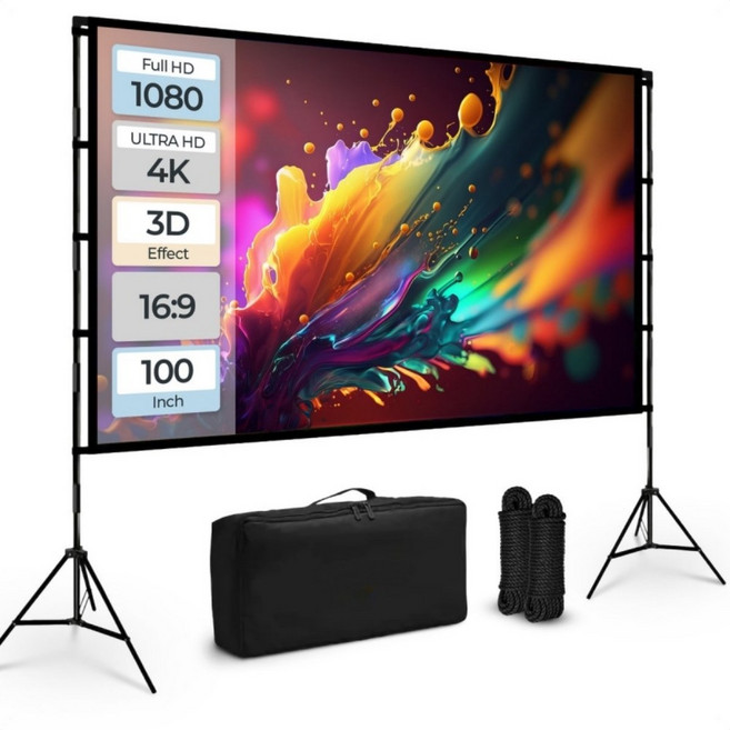 VEIDADZ 빔프로젝터 스크린 삼각대 세트 고밀도 폴리에스터 백색 주름방지 가정용/실외용 접이식 이동형 + 듀얼 삼각대+휴대용 가방 포함, 100형, 16:9