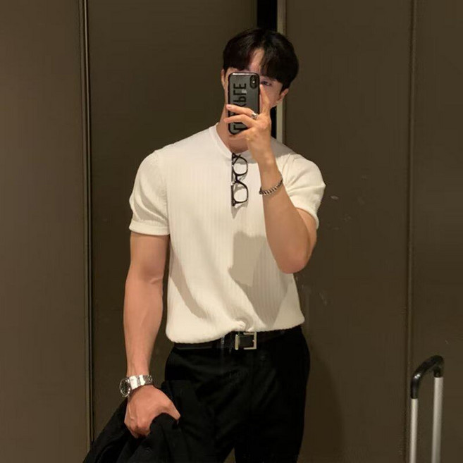 남자 여름 티셔츠 데일리룩 무지반팔 빅사이즈 머슬핏 반팔 니트 라운드넥 반팔티