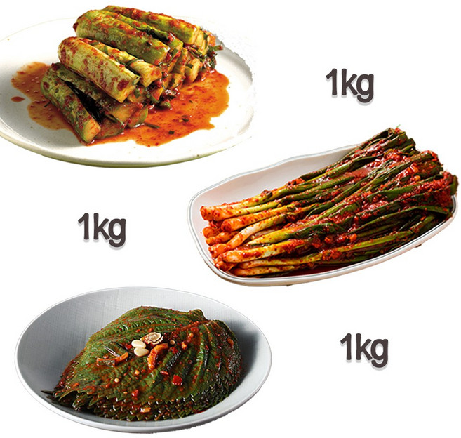 찬우물 신선김치세트 3kg (오이소박이 1Kg + 파김치 1kg + 깻잎김치 1kg)
