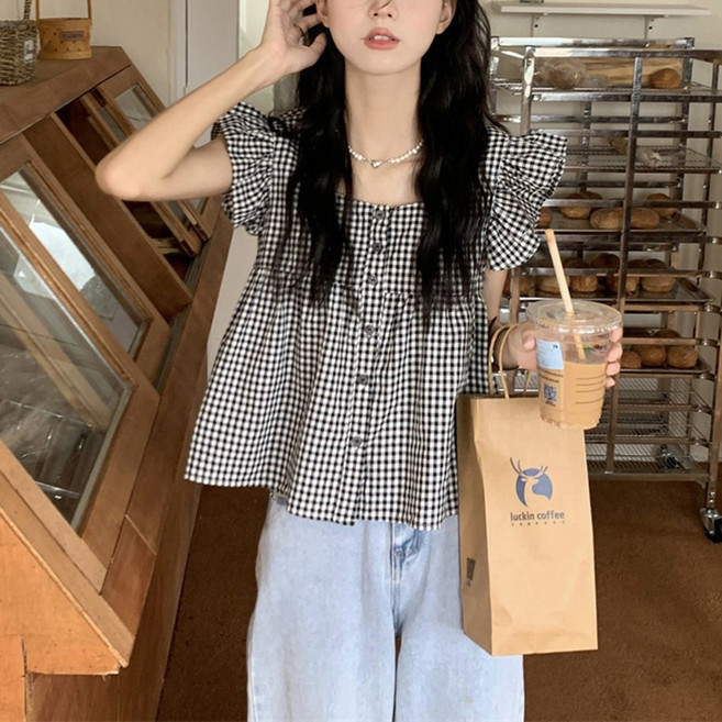 슬림소녀 여성 여름 데일리 러블리 체크 디자인 민소매 블라우스