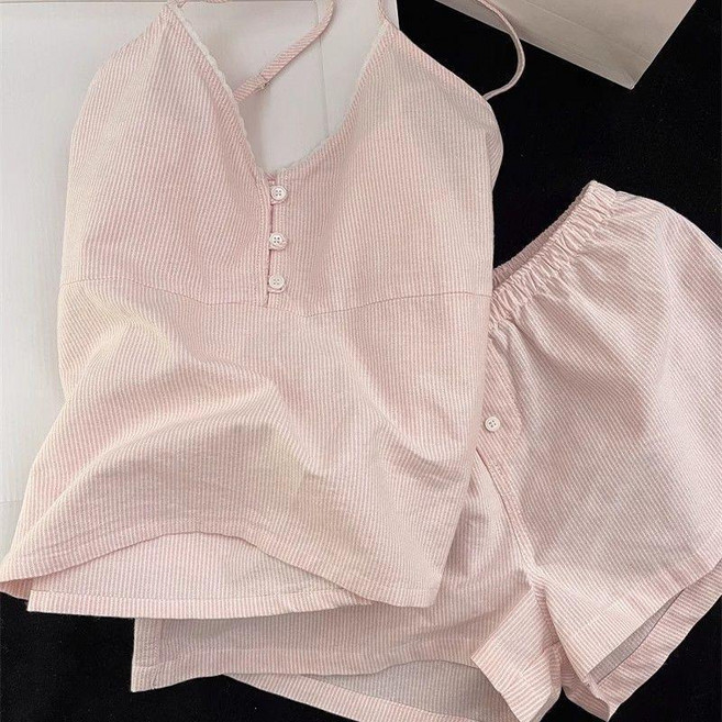 條紋吊帶背心短褲套裝 夏季薄款居家服