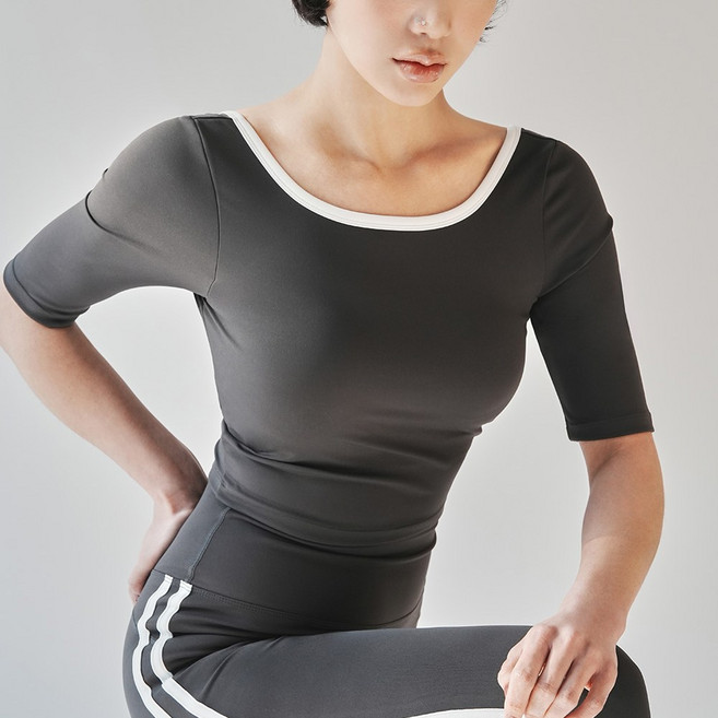 [콘치웨어] 여성용 배색 U 라인 숏 슬리브 3colors 필라테스 요가