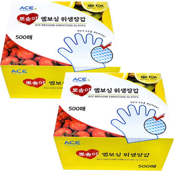 뽀솜이 엠보싱 크린 업소용 일회용 비닐장갑 위생장갑 500매, 2개, 500개입